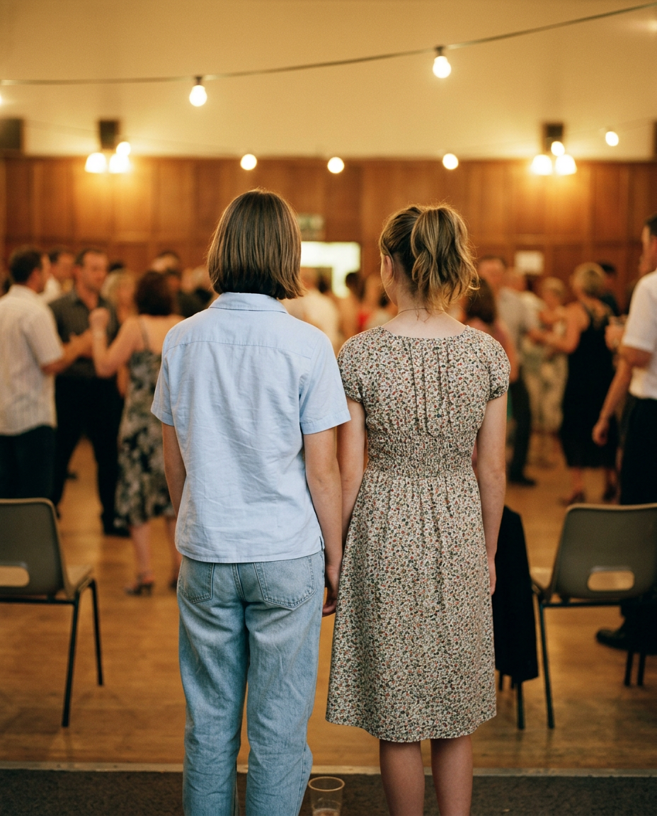 Two fourteen-year-olds standing side by side at an evening hall dance, seen from behind, June 2004